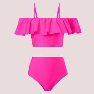 NWOT Kaei&Shi Neon Pink Off the Shoulder High Waisted Flounce Bikini Set - Small